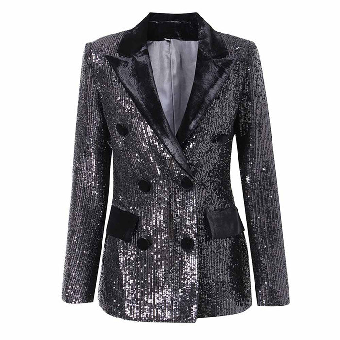 Stylish black sequin double breasted blazer for women with a sleek design and elegant finish