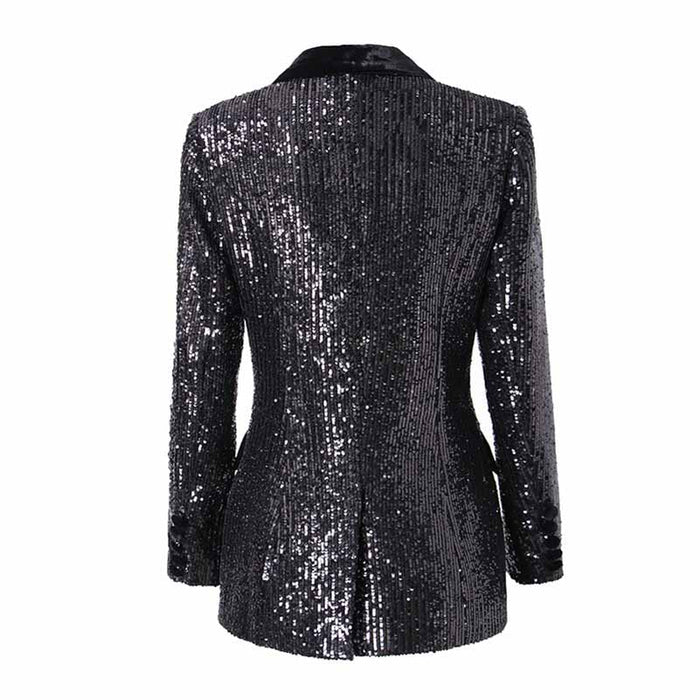 Back view of a black sequin double breasted blazer for women featuring a sleek design and shiny sequins
