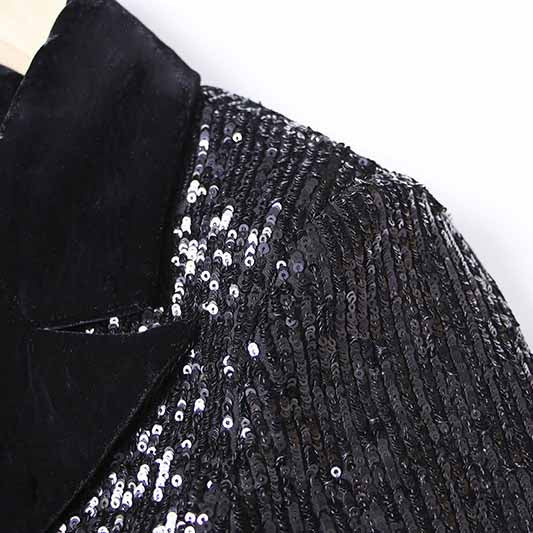 Close-up of a black sequin double breasted blazer for women featuring a stylish collar and shimmering sequins