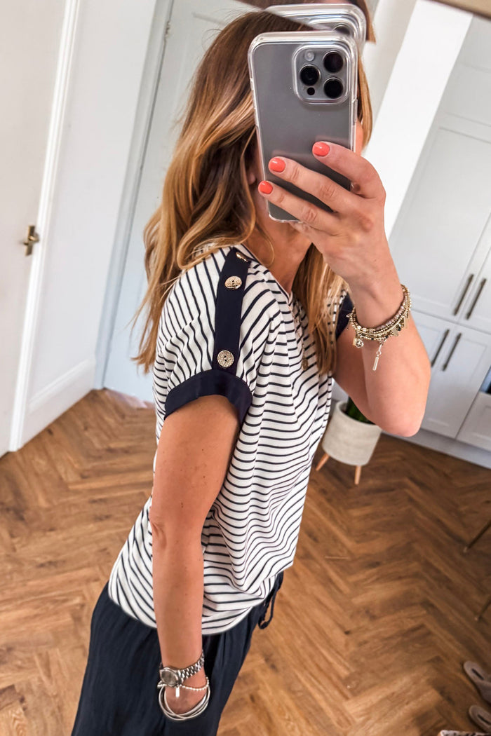 Black Stripe Cuffed Sleeve Button Detail Loose Tee 🇺🇸