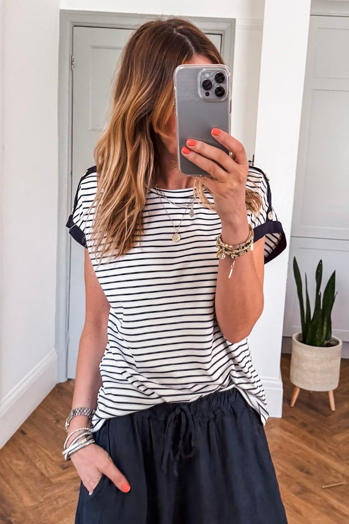 Black Stripe Cuffed Sleeve Button Detail Loose Tee 🇺🇸
