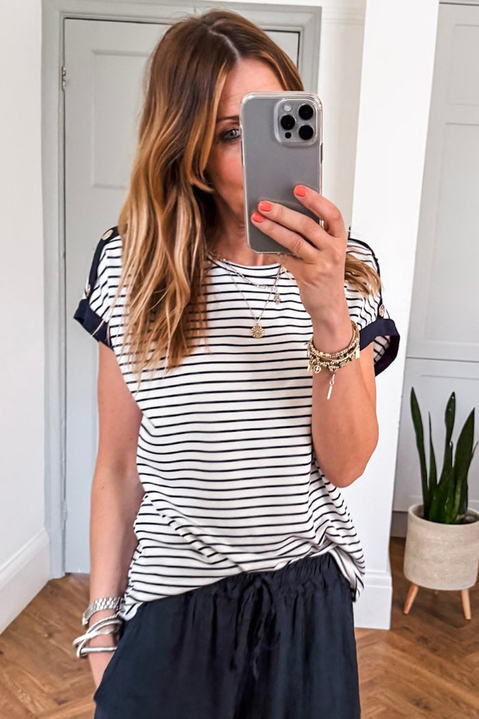 Black Stripe Cuffed Sleeve Button Detail Loose Tee 🇺🇸