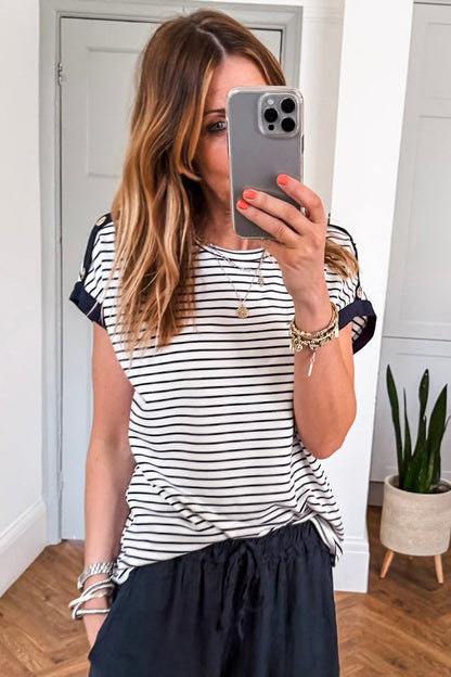 Black Stripe Cuffed Sleeve Button Detail Loose Tee 🇺🇸