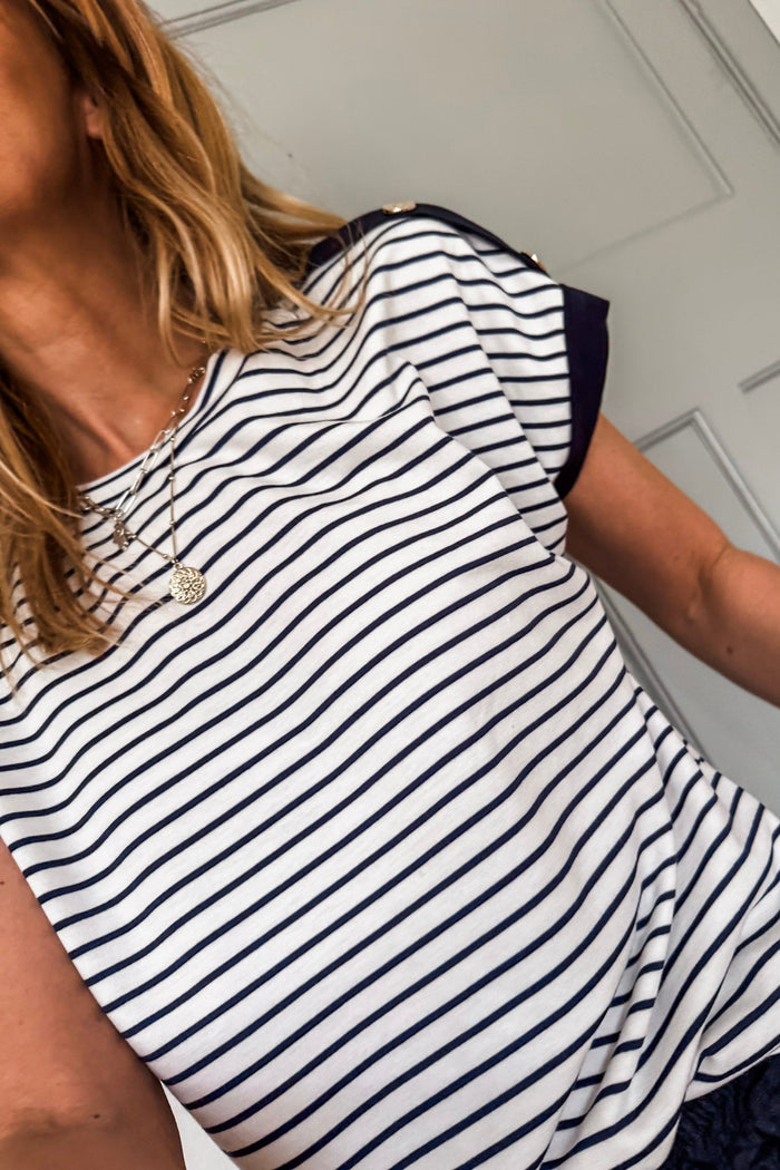 Black Stripe Cuffed Sleeve Button Detail Loose Tee 🇺🇸