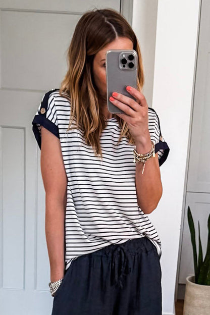Black Stripe Cuffed Sleeve Button Detail Loose Tee 🇺🇸