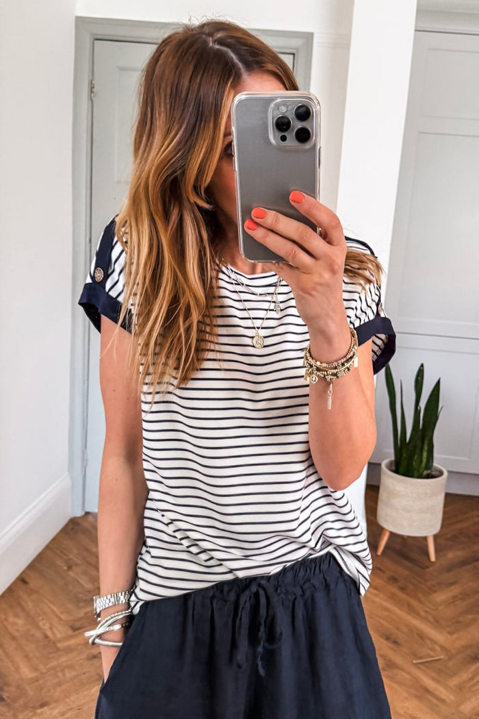 Black Stripe Cuffed Sleeve Button Detail Loose Tee 🇺🇸