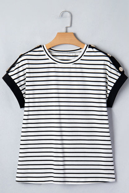 Black Stripe Cuffed Sleeve Button Detail Loose Tee 🇺🇸