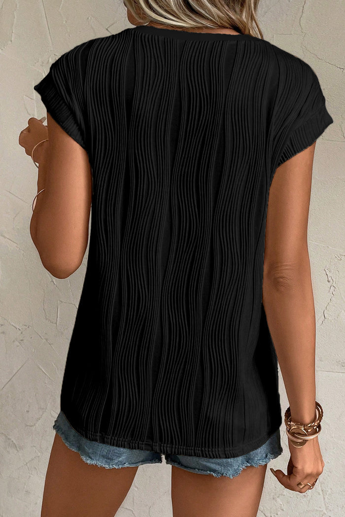 Black Wavy Textured Button V Neck Tee 🇺🇸