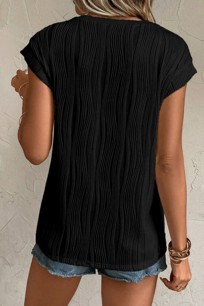 Black Wavy Textured Button V Neck Tee 🇺🇸