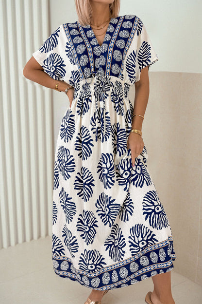 Blue Boho Floral Print Contrast Patchwork V Neck Dolman Maxi Dress 🇺🇸