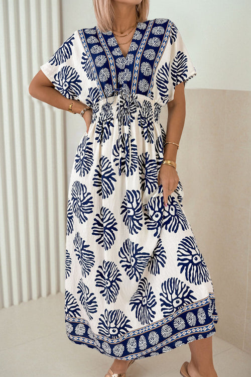 Blue Boho Floral Print Contrast Patchwork V Neck Dolman Maxi Dress 🇺🇸
