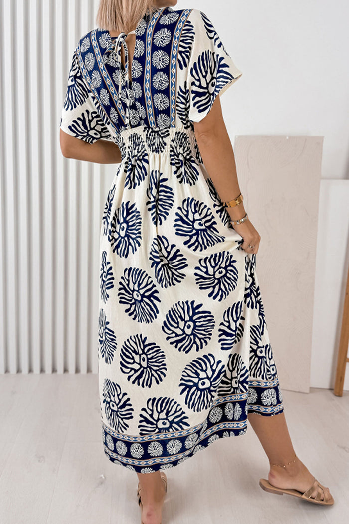 Blue Boho Floral Print Contrast Patchwork V Neck Dolman Maxi Dress 🇺🇸