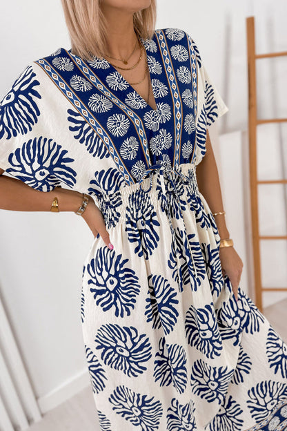 Blue Boho Floral Print Contrast Patchwork V Neck Dolman Maxi Dress 🇺🇸