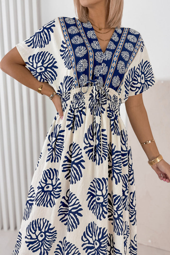 Blue Boho Floral Print Contrast Patchwork V Neck Dolman Maxi Dress 🇺🇸