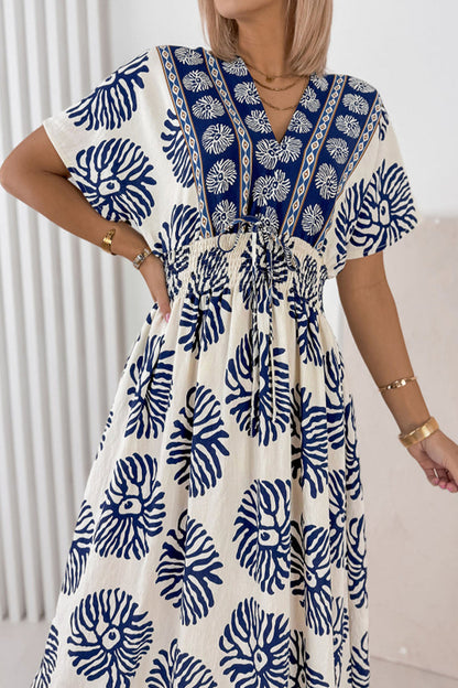 Blue Boho Floral Print Contrast Patchwork V Neck Dolman Maxi Dress 🇺🇸
