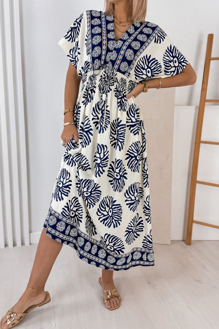 Blue Boho Floral Print Contrast Patchwork V Neck Dolman Maxi Dress 🇺🇸