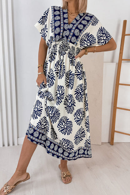 Blue Boho Floral Print Contrast Patchwork V Neck Dolman Maxi Dress 🇺🇸