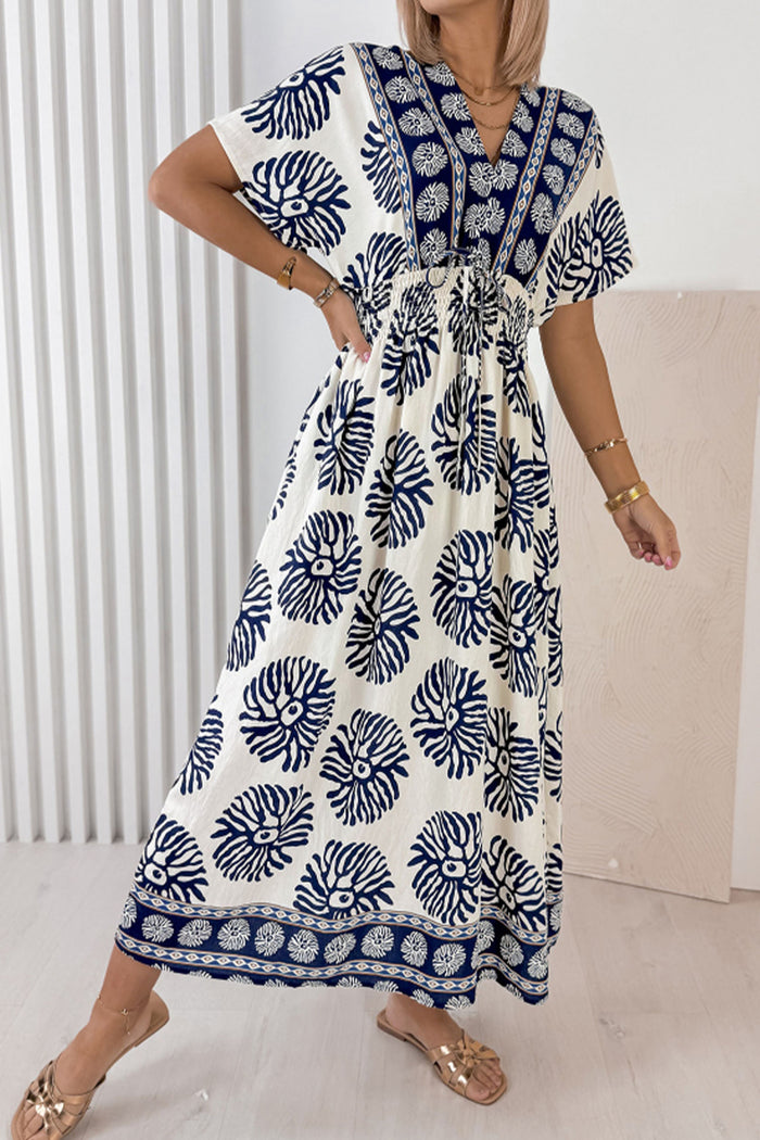 Blue Boho Floral Print Contrast Patchwork V Neck Dolman Maxi Dress 🇺🇸