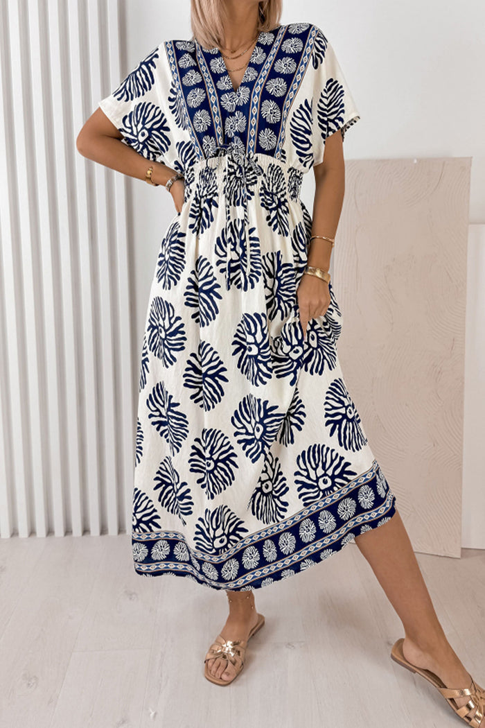 Blue Boho Floral Print Contrast Patchwork V Neck Dolman Maxi Dress 🇺🇸