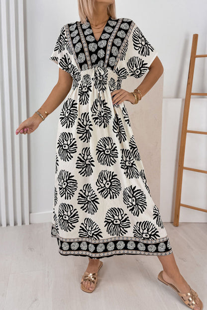 Blue Boho Floral Print Contrast Patchwork V Neck Dolman Maxi Dress 🇺🇸