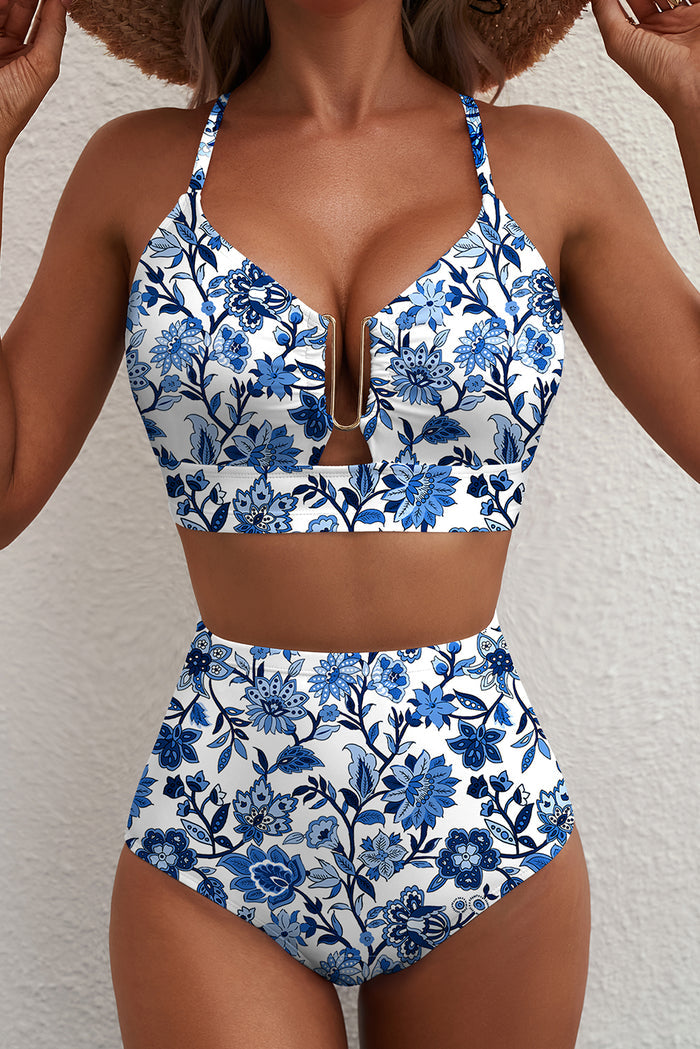 Blue Floral Print Hardware Accent Notched Neck High Waist Bikini Set 🇺🇸