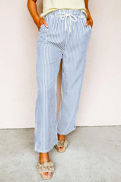 Blue Stripe Drawstring Elastic Waist Ankle Length Shift Pants