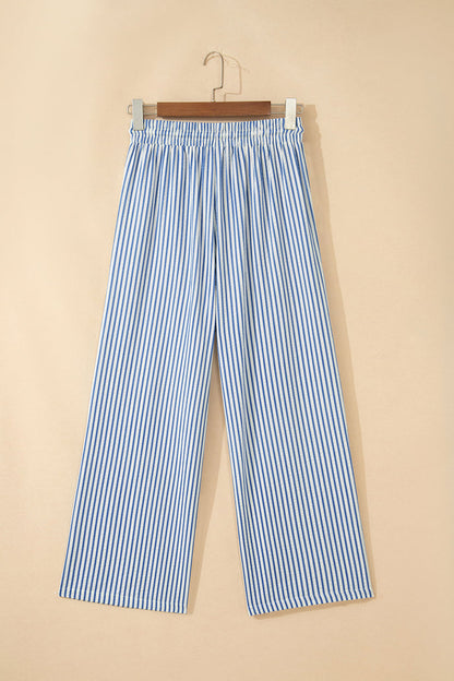 Blue Stripe Drawstring Elastic Waist Ankle Length Shift Pants