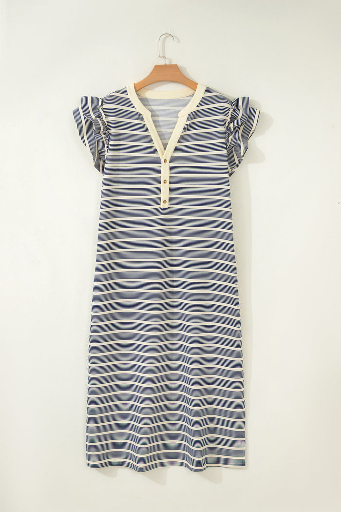 Blue Stripe Plus Size Contrast Trim Button V Neck Ruffle Sleeve Shift Dress 🇺🇸