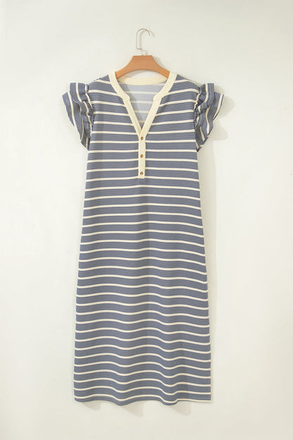 Blue Stripe Plus Size Contrast Trim Button V Neck Ruffle Sleeve Shift Dress 🇺🇸