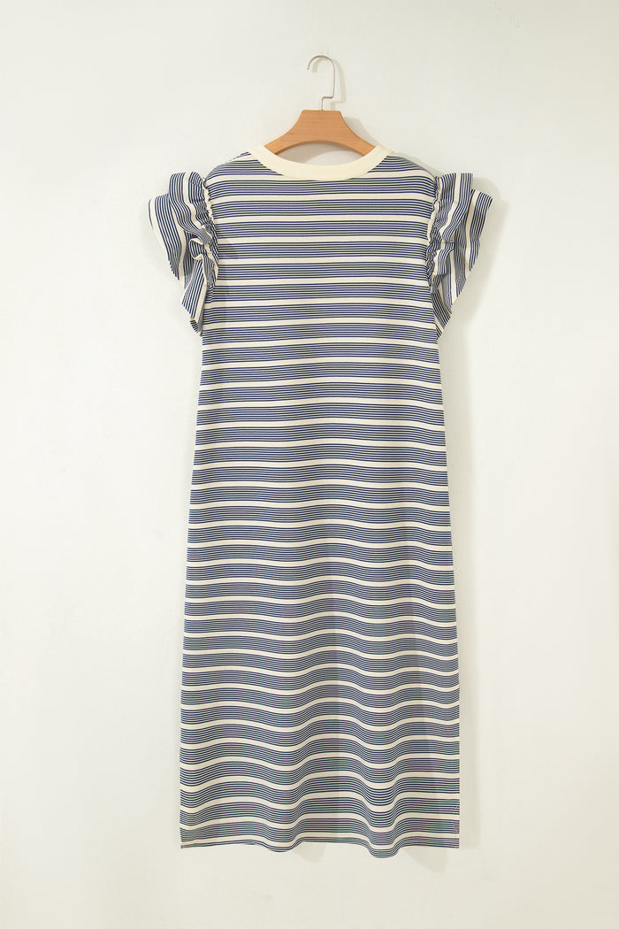 Blue Stripe Plus Size Contrast Trim Button V Neck Ruffle Sleeve Shift Dress 🇺🇸