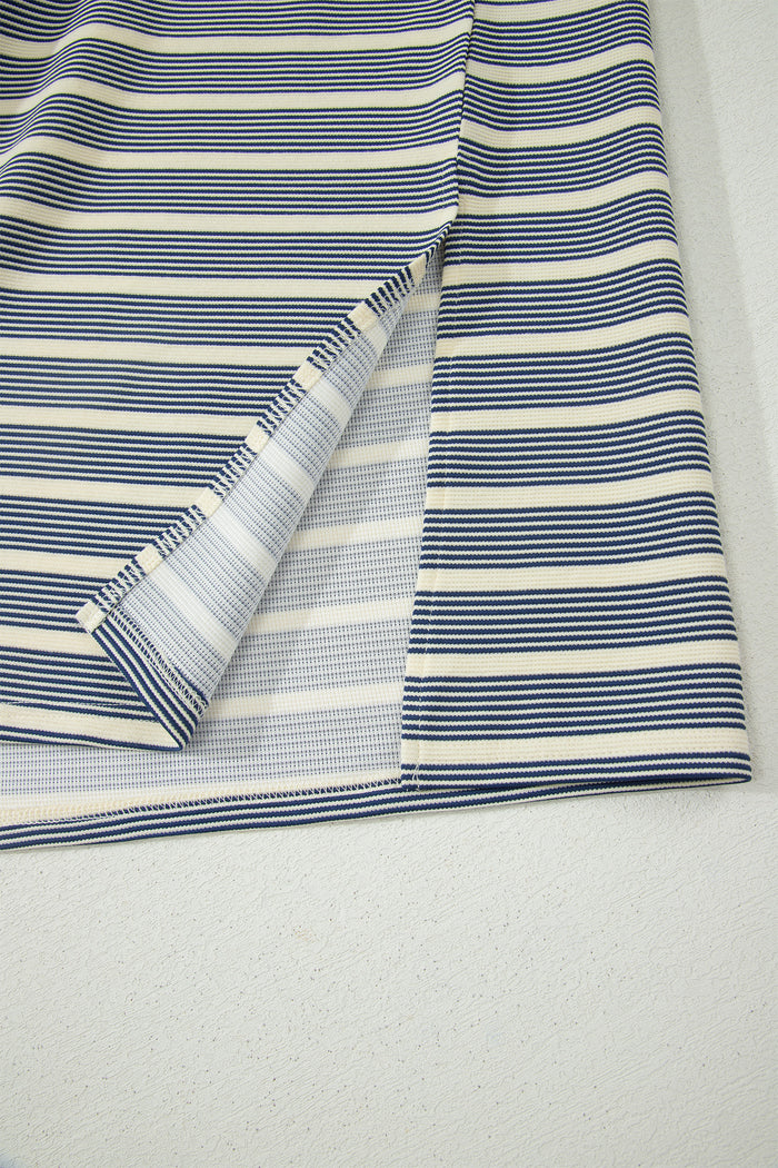 Blue Stripe Plus Size Contrast Trim Button V Neck Ruffle Sleeve Shift Dress 🇺🇸