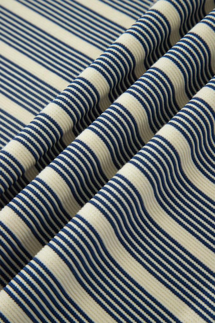 Blue Stripe Plus Size Contrast Trim Button V Neck Ruffle Sleeve Shift Dress 🇺🇸