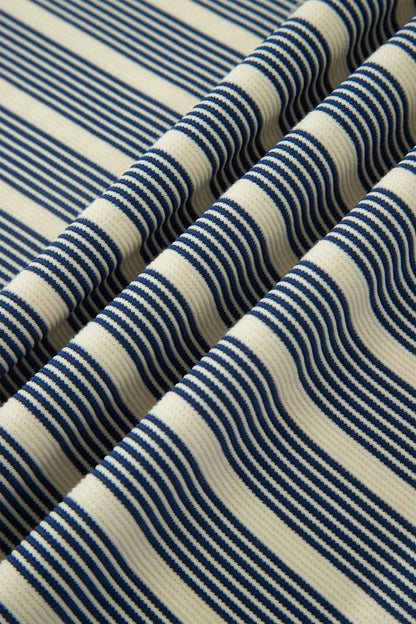 Blue Stripe Plus Size Contrast Trim Button V Neck Ruffle Sleeve Shift Dress 🇺🇸
