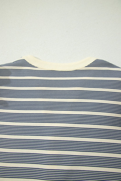 Blue Stripe Plus Size Contrast Trim Button V Neck Ruffle Sleeve Shift Dress 🇺🇸