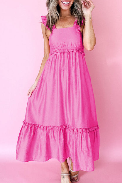 Bonbon Solid Color Ruffle Trim High Waist Sleeveless Maxi Dress 🇺🇸