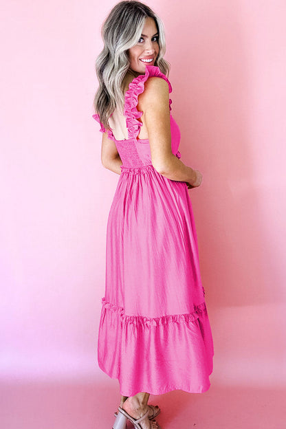 Bonbon Solid Color Ruffle Trim High Waist Sleeveless Maxi Dress 🇺🇸