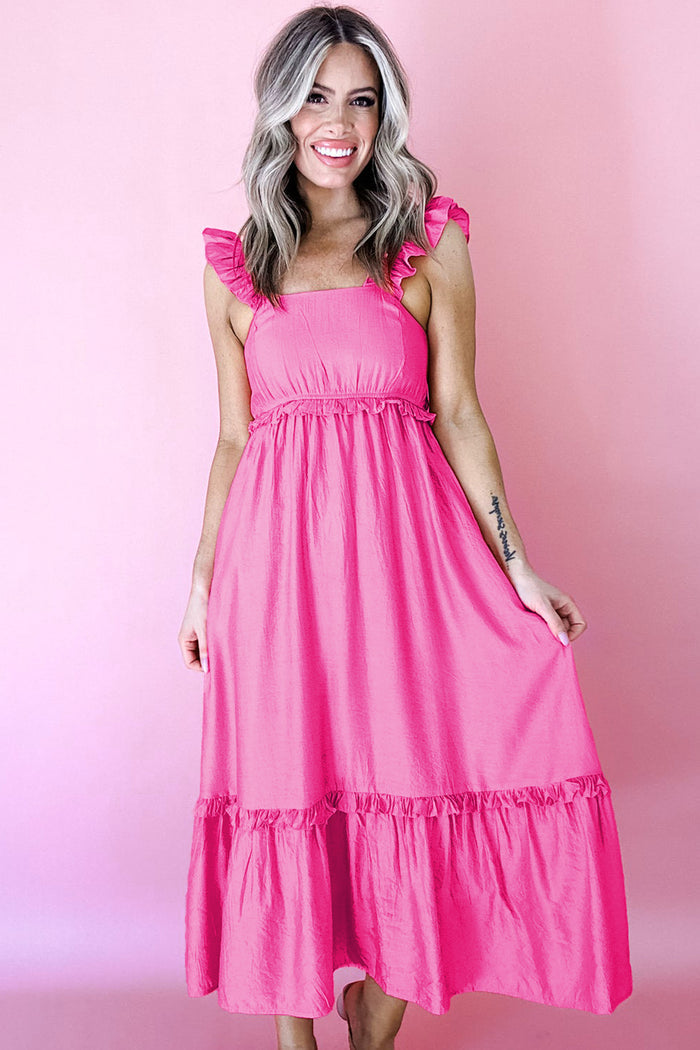 Bonbon Solid Color Ruffle Trim High Waist Sleeveless Maxi Dress 🇺🇸