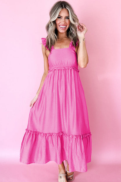 Bonbon Solid Color Ruffle Trim High Waist Sleeveless Maxi Dress 🇺🇸