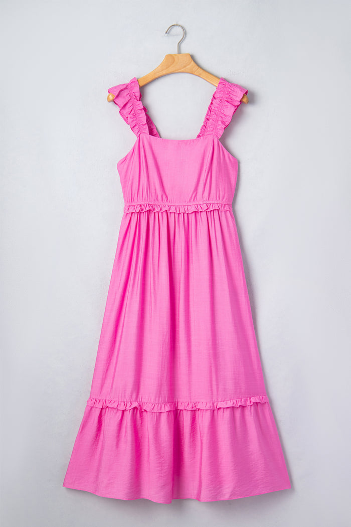 Bonbon Solid Color Ruffle Trim High Waist Sleeveless Maxi Dress 🇺🇸
