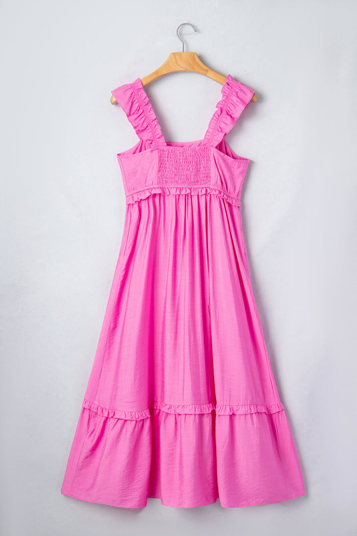 Bonbon Solid Color Ruffle Trim High Waist Sleeveless Maxi Dress 🇺🇸