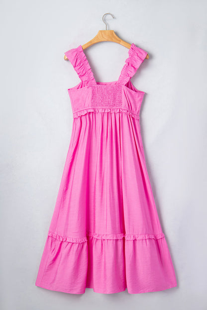 Bonbon Solid Color Ruffle Trim High Waist Sleeveless Maxi Dress 🇺🇸