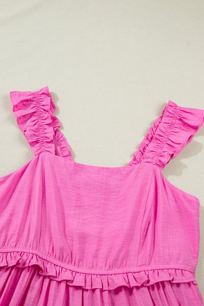 Bonbon Solid Color Ruffle Trim High Waist Sleeveless Maxi Dress 🇺🇸