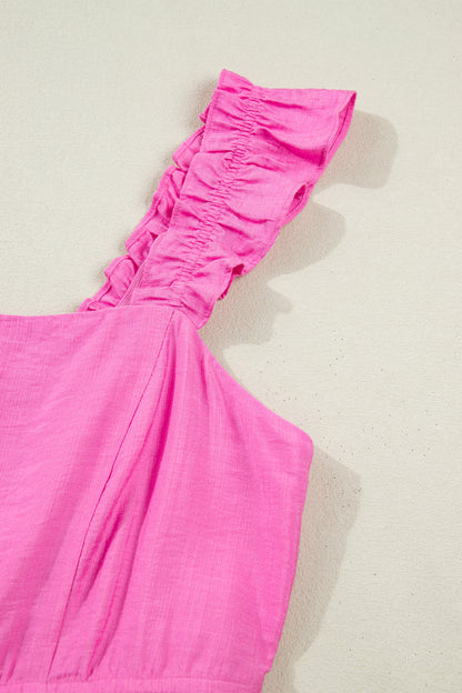 Bonbon Solid Color Ruffle Trim High Waist Sleeveless Maxi Dress 🇺🇸