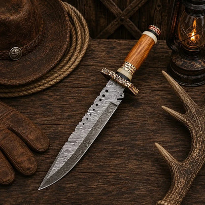 Brass Ridge Damascus Bowie Knife – Ash Wood Handle & Red Sheath