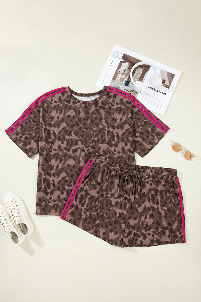 Brown Retro Leopard Print Contrast Varsity Stripe Trim Plus Size 2pcs Short Set 🇺🇸
