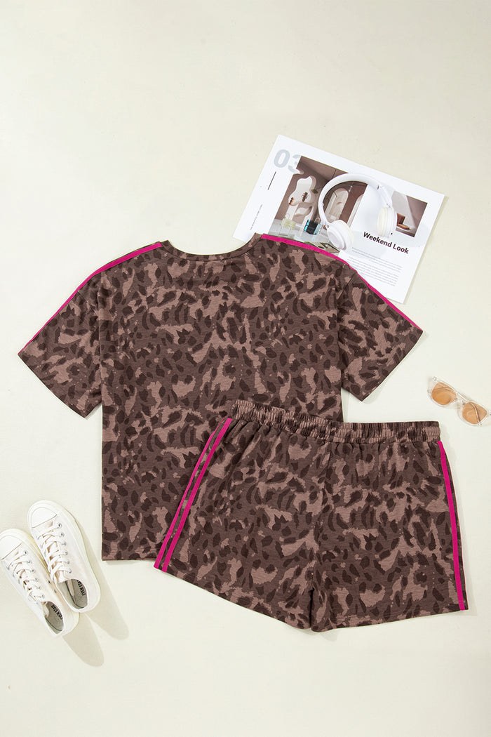 Brown Retro Leopard Print Contrast Varsity Stripe Trim Plus Size 2pcs Short Set 🇺🇸