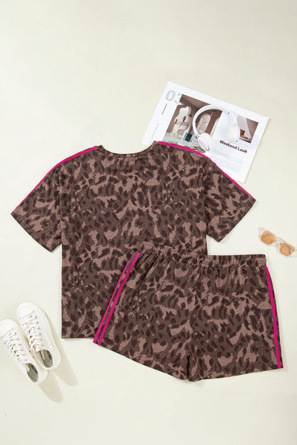 Brown Retro Leopard Print Contrast Varsity Stripe Trim Plus Size 2pcs Short Set 🇺🇸