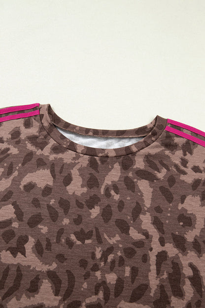 Brown Retro Leopard Print Contrast Varsity Stripe Trim Plus Size 2pcs Short Set 🇺🇸