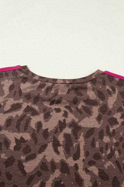 Brown Retro Leopard Print Contrast Varsity Stripe Trim Plus Size 2pcs Short Set 🇺🇸