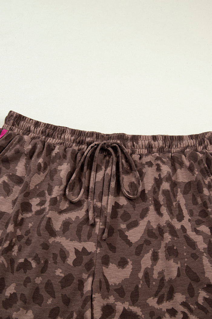 Brown Retro Leopard Print Contrast Varsity Stripe Trim Plus Size 2pcs Short Set 🇺🇸